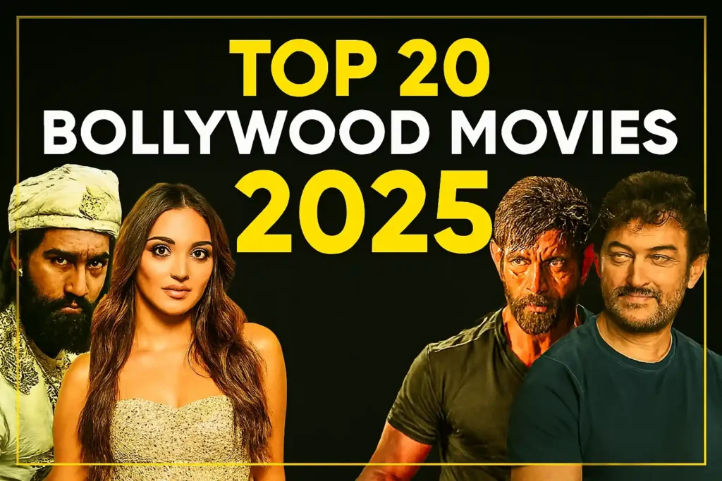 Top 20 Bollywood Movies 2025 thumbnail with leading actors and bold title.